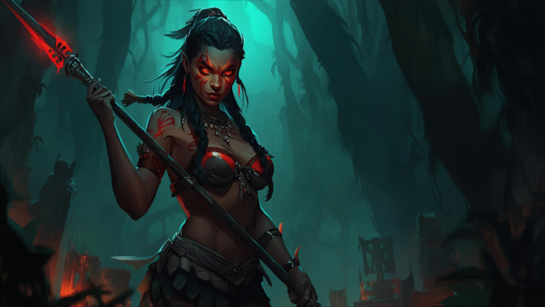 Poised Huntress in Misty Jungle (1)